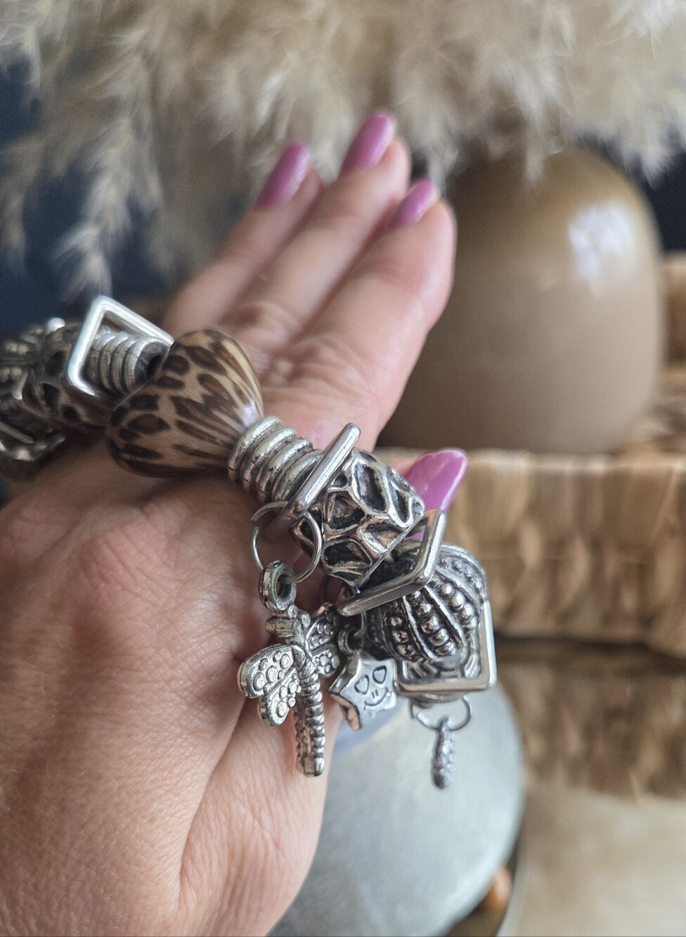 Silver Tone Charm Bracelet | Dragonfly Leopard Bead Stretch Bracelet